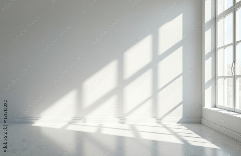 Obraz premium Bright empty room with large window. Sunlight casts shadows on white walls, floor. Minimalist design. Interior design concept. Modern architecture. Empty space. Light patterns. Sunlit room. Stylish
