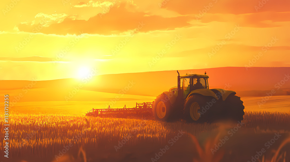 Obraz premium Agriculture technology and innovation: feedback and communication in modern farming. tractor in a field at sunset. Goldenhour. Illustration