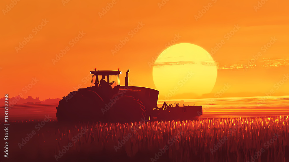 Fototapeta premium Agriculture technology and innovation: feedback and communication in modern farming. tractor in a field at sunset. Goldenhour. Illustration