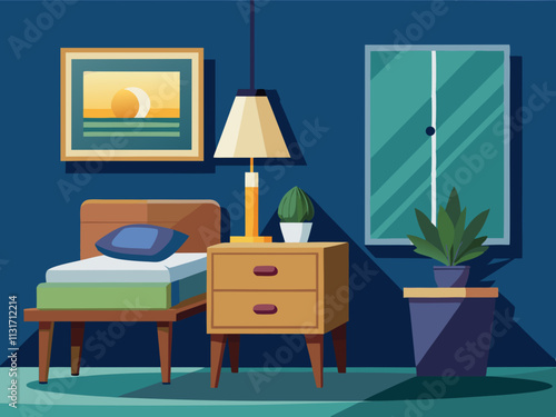 fullpage colorful illustration of a minimalist bedroom corner featuring a wooden bedside table and a single ceramic lamp.