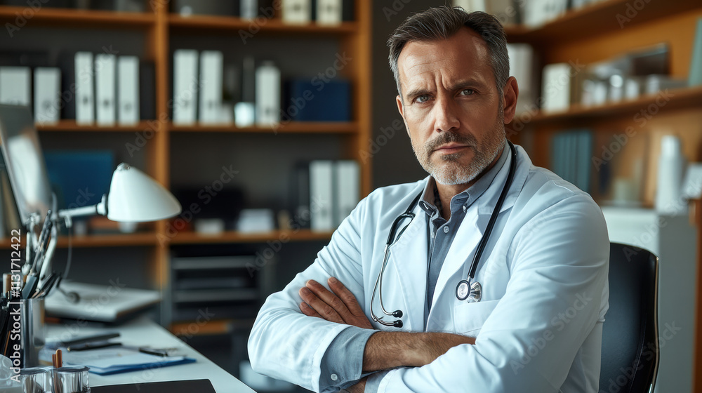Fototapeta premium Portrait of a handsome middle-aged doctor sitting at a desk in an office, looking into the camera with arms crossed and a serious expression