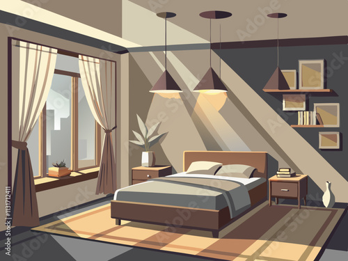 fullpage colorful illustrationo fo a neutral-tone bedroom with light curtains and sunlight streaming through.