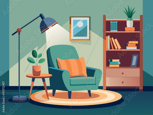 fullpage colorful illustrationo fo a reading nook in a Scandinavian bedroom with a simple armchair and floor lamp.