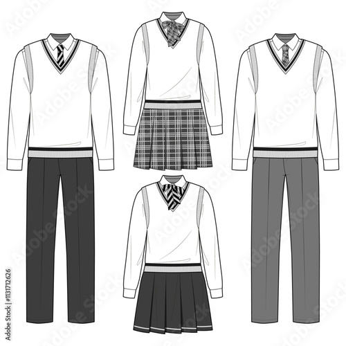 Technical flat sketch of a school uniform design template featuring long-sleeved collared shirts paired with either a necktie or bow tie, straight-fit pants, pleated mini skirts, and knit vests.