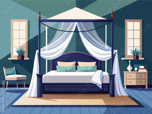 fullpage colorful illustrationo fo a Scandinavian bedroom with a canopy bed draped in sheer white fabric.