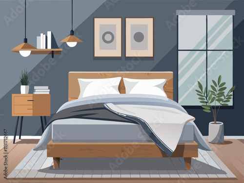 fullpage colorful illustrationo fo a Scandinavian bed with a single neutral-colored throw pillow and a simple bedspread.