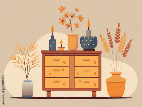 fullpage colorful illustrationo fo a small wooden shelf above the bed displaying minimal decor and a small potted plant.