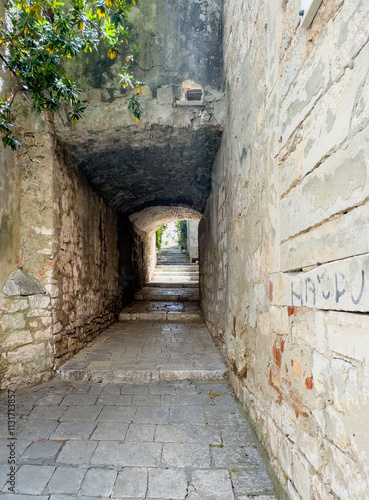 Korcula, Croatia - June 30, 2024: Alley Don Luke Depola with steps, on side and under Church of the Assumption of the Most Holy Mother of God. Old Stones and green foliage photo