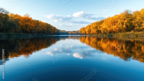 Tranquil Lake Surrounded by Vibrant Autumn Foliage and Clear Sky