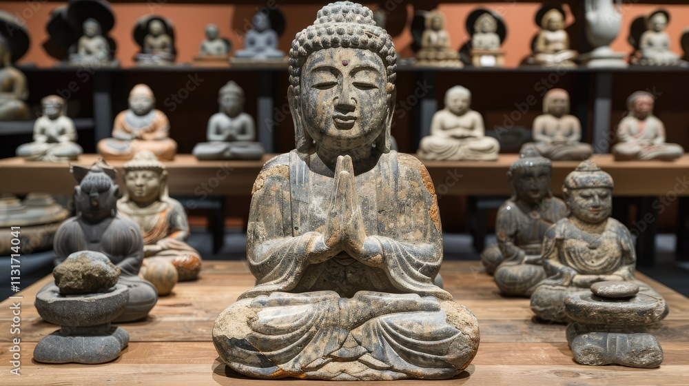 Obraz premium Ancient Buddha statues on display in a shop.