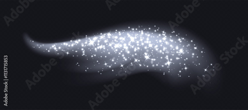 Silver magic cloud with sparkles, stardust sparkling decoration. White glowing glitter smoke trail. Christmas vector illustration.