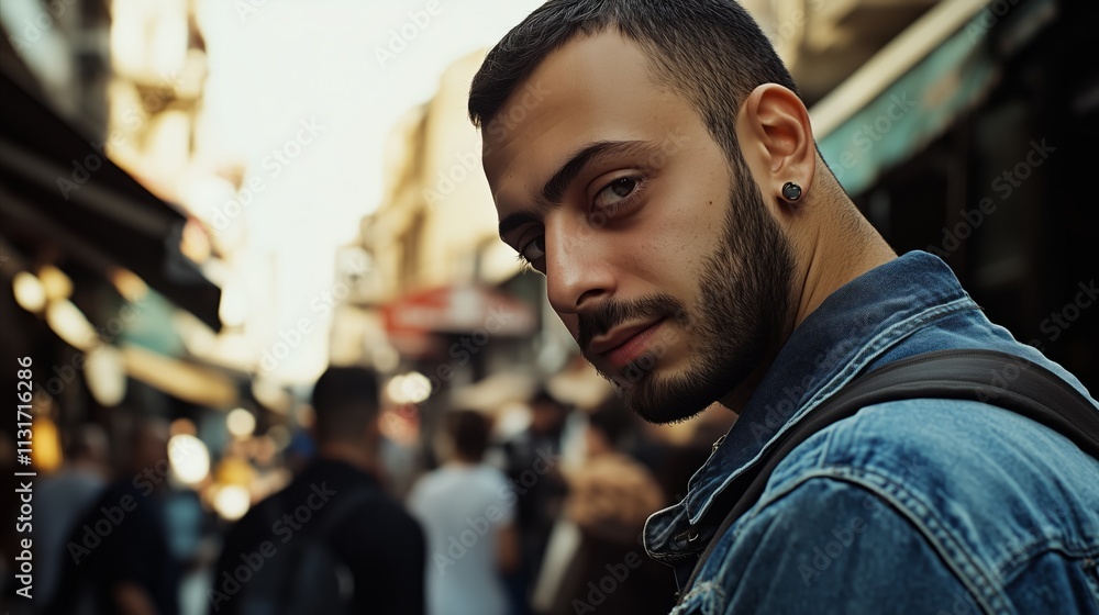 Obraz premium Man with a beard and earrings is standing in a crowded street