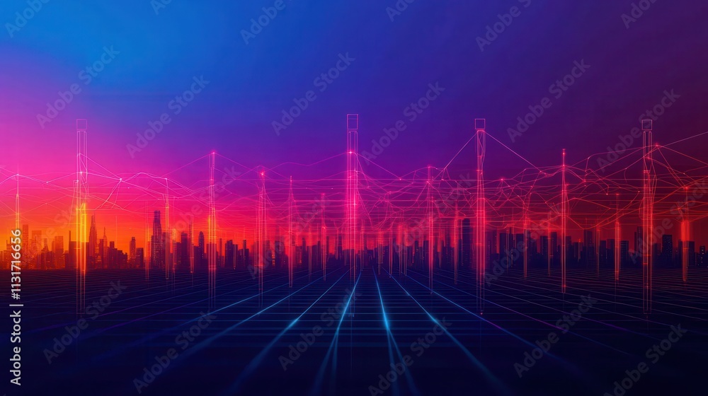 Naklejka premium Futuristic City Skyline with Digital Connections and Vibrant Sunset