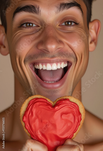 Young hispanic male joyfully holding heart-shaped cookie with red icing