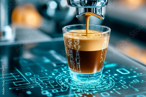 A futuristic espresso machine with holographic controls brewing a glowing shot in a sci-fi cafe photo