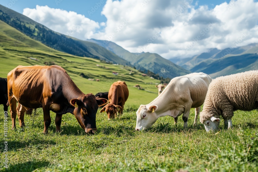 Obraz premium A group of cows and sheep meandering through a sprawling green field, set against a backdrop of rolling hills under a clear blue sky, represents rural splendor.