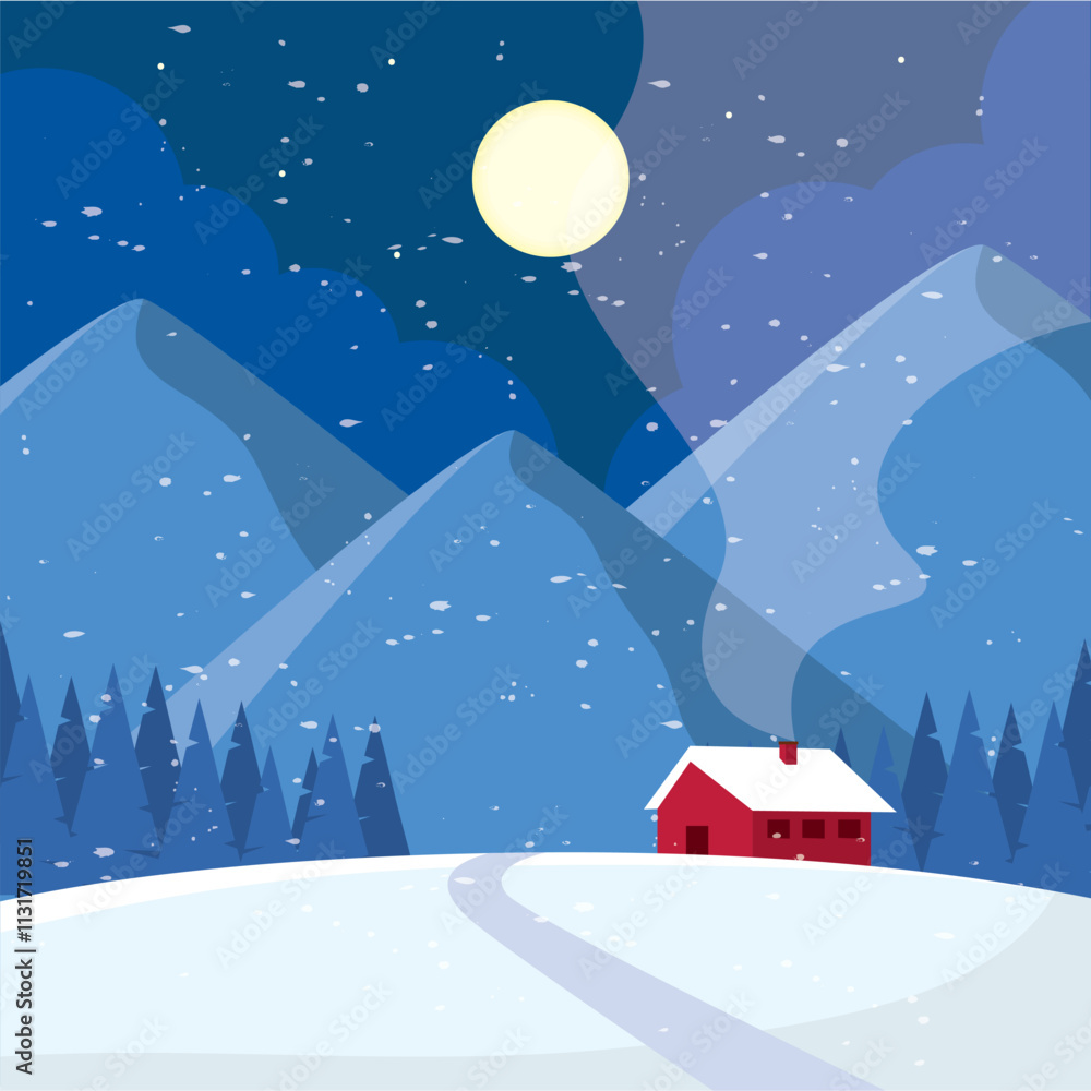 Fototapeta premium Winter cabin under a full moon in snowy mountains Vector