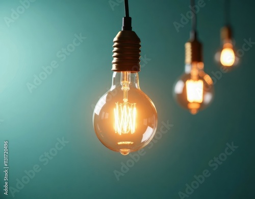 Vintage light bulbs glow warmly against teal background. Warm light illuminates, retro style. Trendy lighting design. Ideal for home decor interior design. Creates cozy atmosphere. Blurred light