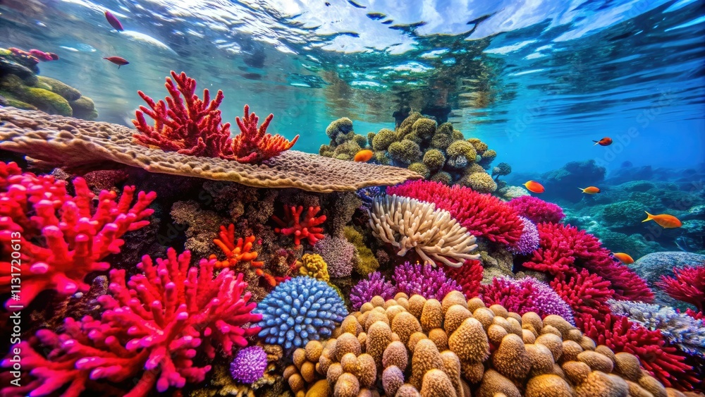Fototapeta premium Coral Nail Polish Spill Environmental Disaster Photography - Ocean Pollution, Toxic Waste, Underwater Damage