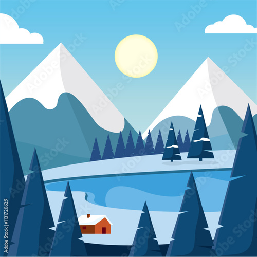 Snowy mountain lake with trees and cabin Vector