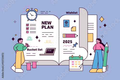 Two people stand in front of a large notebook, holding pens. The notebook contains New Year's resolutions and various lists. outline simple vector illustration.