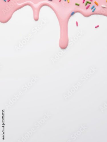 Pink frosting icing dripping with colorful sprinkles on white background, dripping