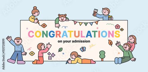 Cute children are all drawing congratulatory messages on a large banner. Cuttiny character with outline.