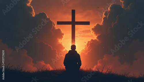 Silhouette man praying on knees in front cross against dramatic sunset sky. Man reflects with faith on top hill under cloudy sunrise. Religious concept of prayer and faith.
