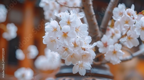 Close-up of delicate white cherry blossoms in full bloom, with blurred orange-toned background of a building. photo