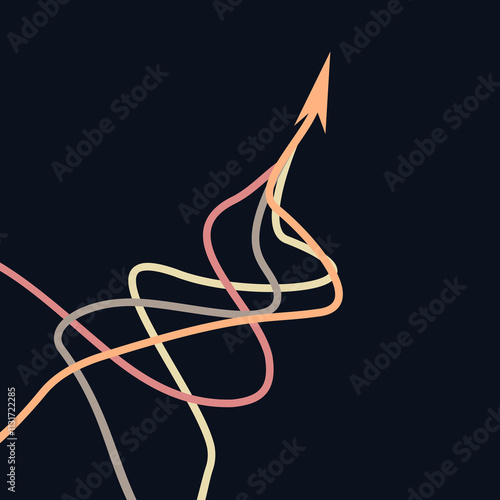 Graphic vector of orange with red with pink and yellow color ropes converging into arrows isolated on dark background, Arrow in same direction for rising to success