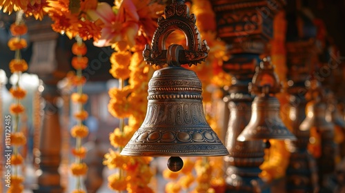 Ornate bronze bells adorned with marigold garlands at a temple.