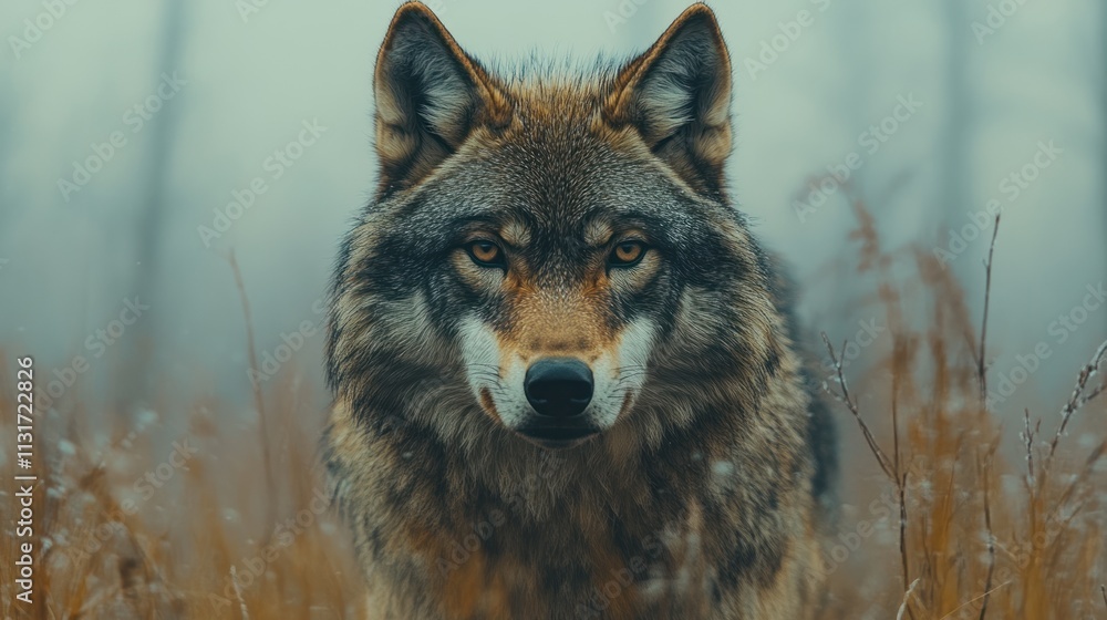 Fototapeta premium A close-up of a wolf in a misty landscape, showcasing its intense gaze and natural habitat.