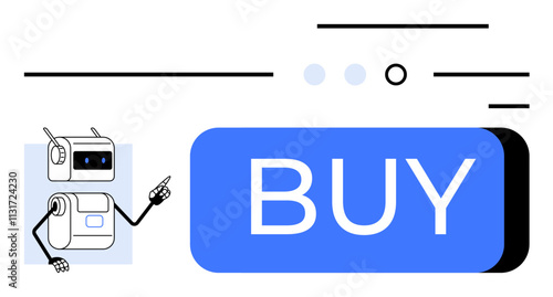 Robot pointing at blue BUY button lines, dots. Ideal for e-commerce, technology, online shopping, automation, digital transactions, AI integration, user interface. Line metaphor