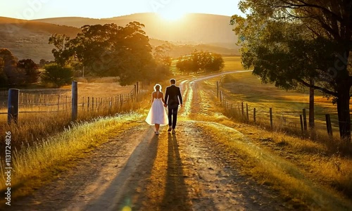 Golden Sunset Wedding Couple Walking Down Rural Country Road