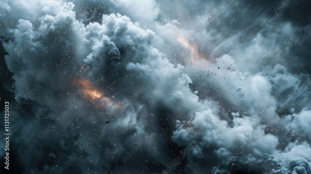 Fototapeta premium Big data is forming cloud computing universe with floating particles and orange and blue lights, representing the concept of digital information processing and storage