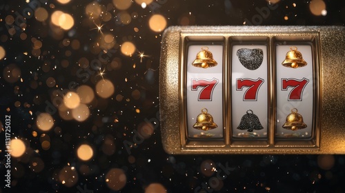 A vibrant slot machine with three reels displaying the number seven and various symbols, set against a backdrop of sparkling golden lights.