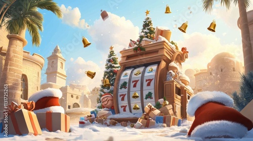 A festive slot machine surrounded by snow, decorated with Christmas trees, gifts, and bells in a sunny, tropical setting.