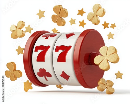 A vibrant slot machine with spinning reels, featuring lucky symbols and surrounded by golden clovers and stars, showcasing a theme of luck and potential winnings.