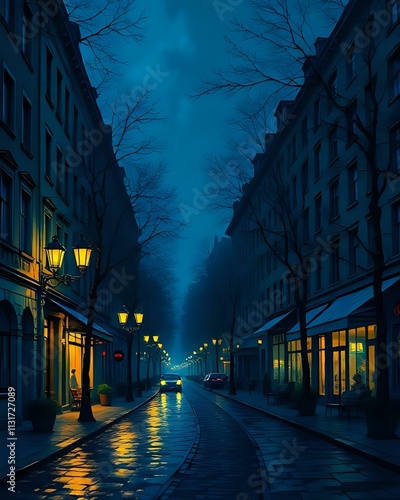 illustration d'une rue parisienne de nuit éclairée par des éclairages publiques photo