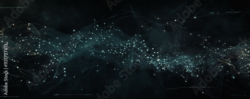 An abstract, tech-inspired visualization of a dark interface with light blue digital encryption codes moving across a cybersecurity firewall. photo