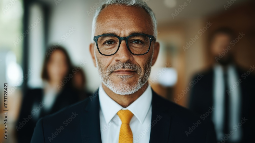 Fototapeta premium Senior business leader with glasses and a suit engages with colleagues in a collaborative environment within an office space