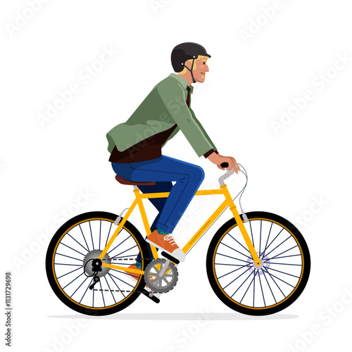 Urban Commuter on a Yellow Bicycle - Modern Vector Illustration of a Happy Young Blonde Man Cycling in a Casual Outfit on a Transparent Background