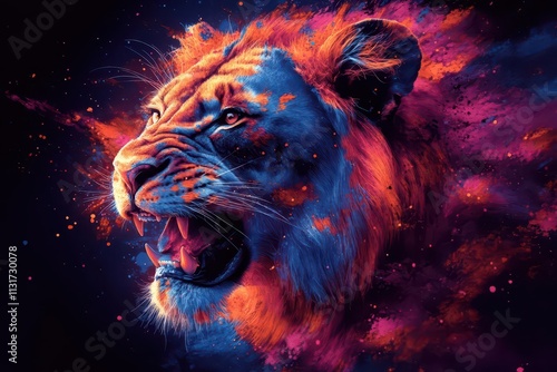 colorful lion bursting with vibrant hues designed for a striking tshirt print showcasing an artistic blend of colors and textures full of life and energy photo