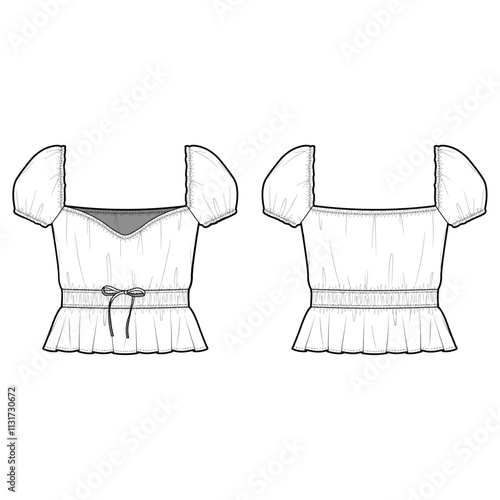 Technical Flat sketch of gathering detailed blouse. Short puff sleeve top with sweetheart neck. Woman cropped blouse, Peplum frill hem, elasticated tie waist.