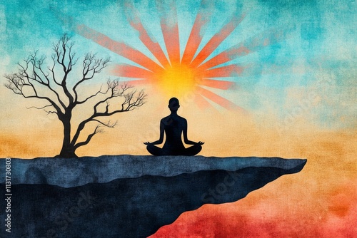 A delicate watercolor painting of a person sitting on a cliff, with colorful beams of light radiating from their head, symbolizing a life-changing realization