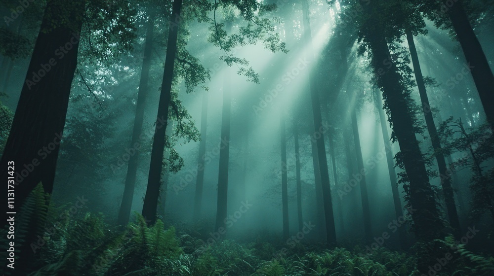 Obraz premium Mystical, sunlit redwood forest shrouded in fog. Lush greenery, tall trees, and beams of light pierce the mist.