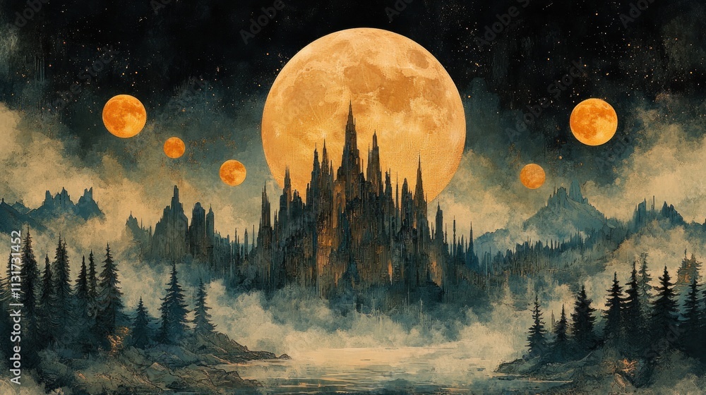 Naklejka premium Mystical Castle Underneath Giant Moons