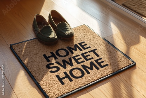 Cozy home entrance with sunlight, welcome mat reading 