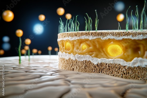 A highly magnified view of the skin surface showing fine lines, hairs, and sebaceous glands
