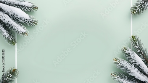 Abstract background with pine tree leaves on borders of light green screen, with free copy space for text or advertisement